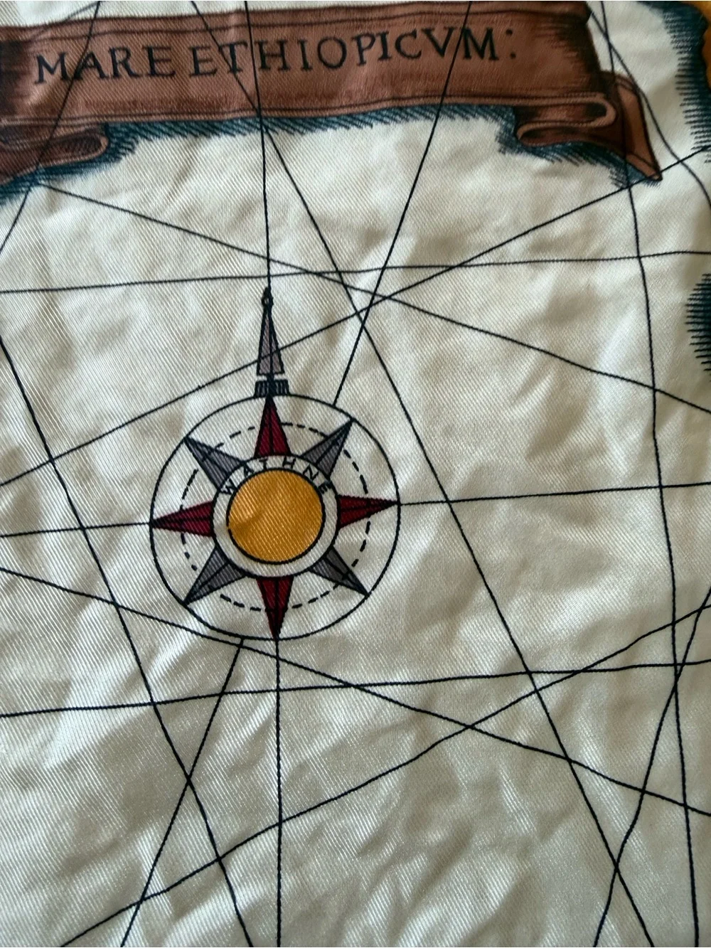 Wathne Africa Compass Print Silk Scarf with Yellow and Burgundy Accents